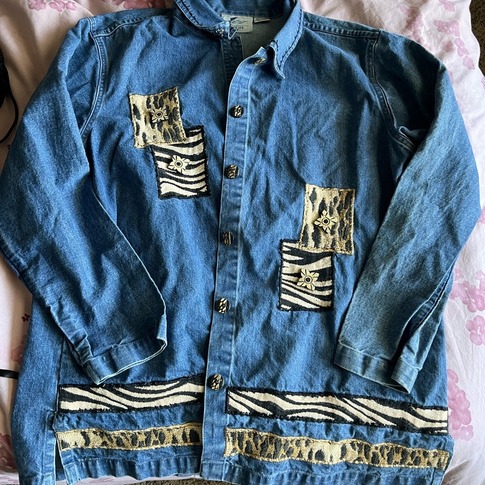 Denim Button-Up Jacket with Animal Print Patchwork